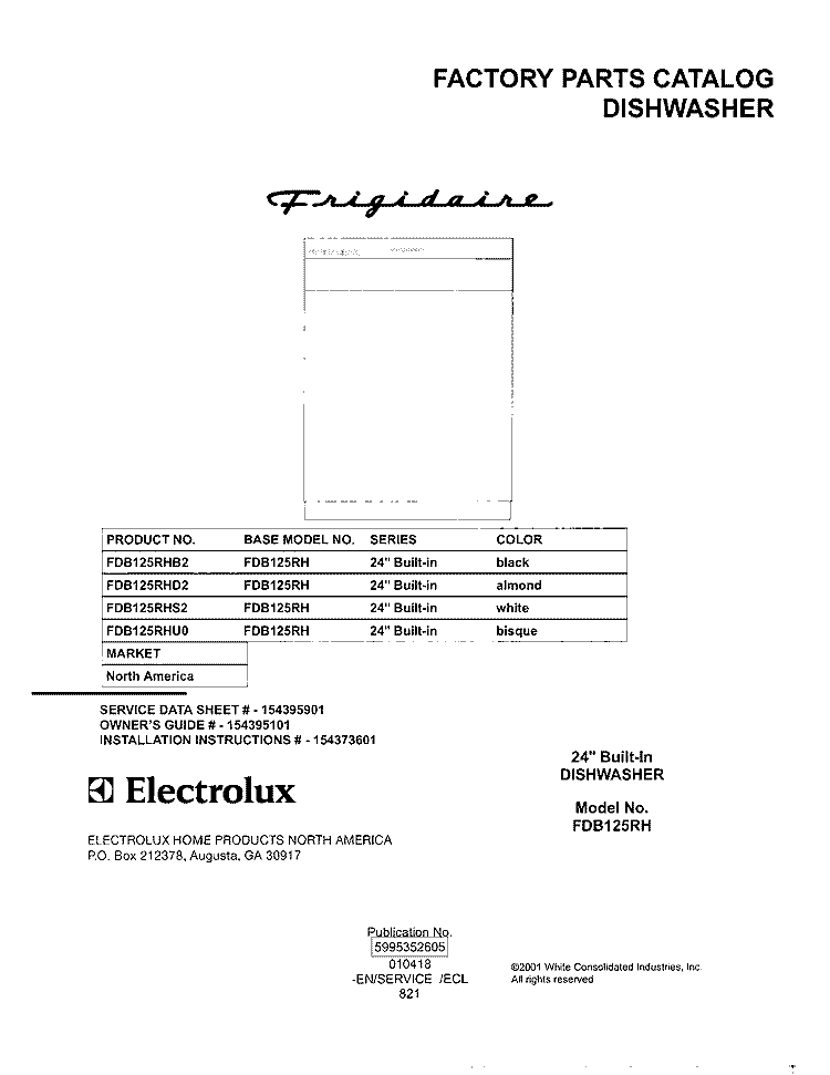 COVER Diagram and Parts List for FDB125RHB2  Frigidaire Dishwasher