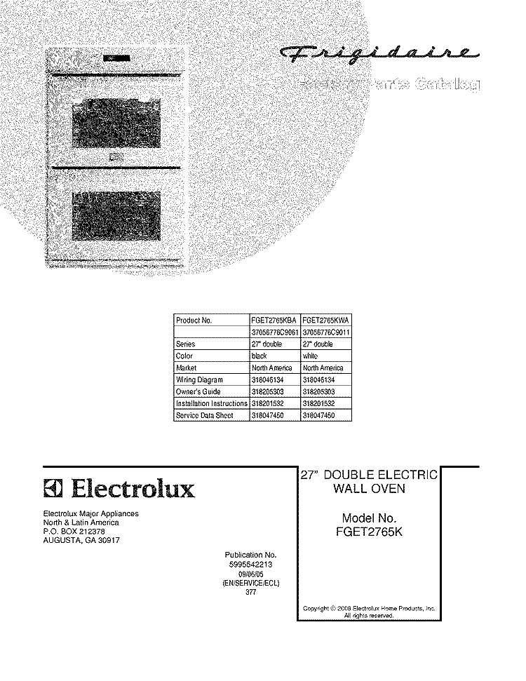 COVER Diagram and Parts List for FGET2765KWA  Frigidaire Wall Oven