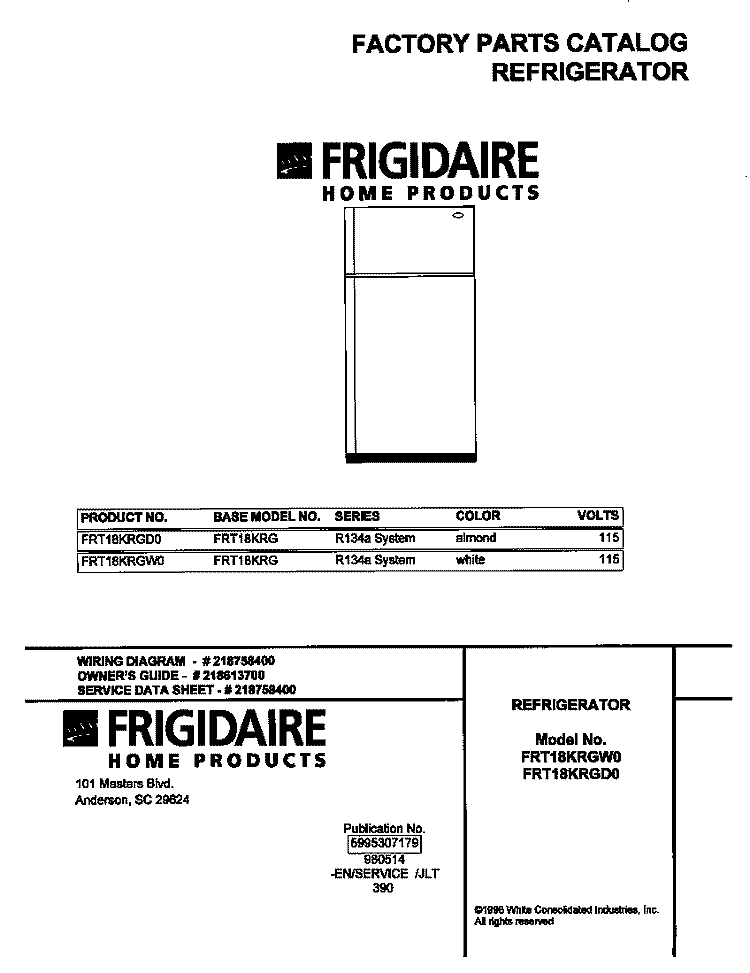 COVER Diagram and Parts List for FRT18KRGW0  Frigidaire Refrigerator