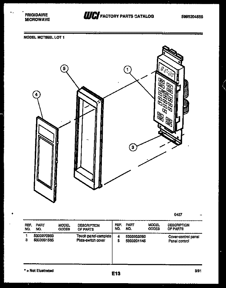 CONTROL PANEL Diagram and Parts List for MCT855L1  Frigidaire Microwave