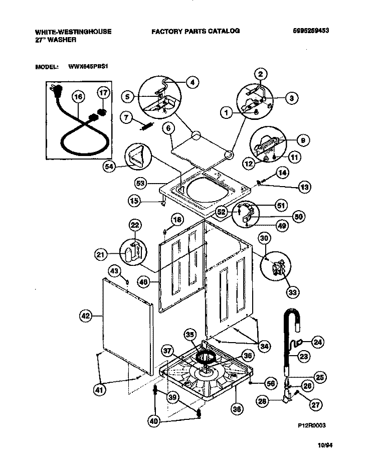 CABINET, TOP PANEL, BASE Diagram and Parts List for WWX645PBS1  Frigidaire Washer