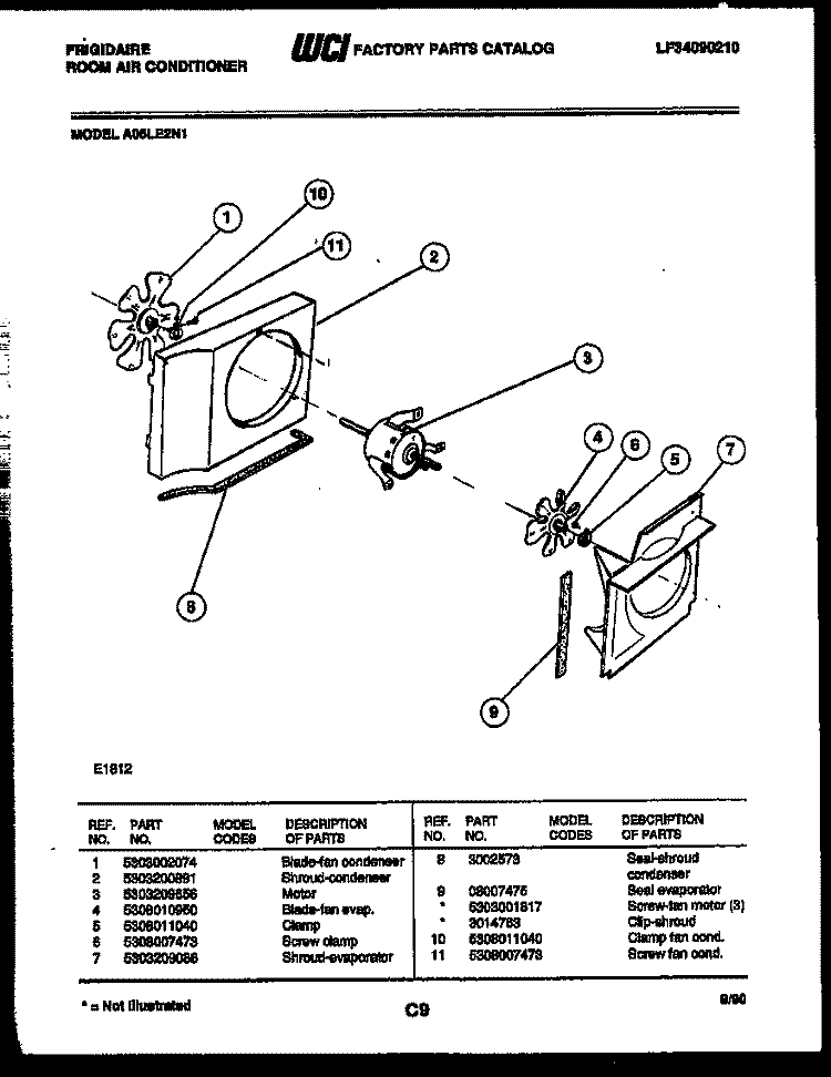 AIR HANDLING PARTS Diagram and Parts List for A05LE2N1  Frigidaire Air Conditioner