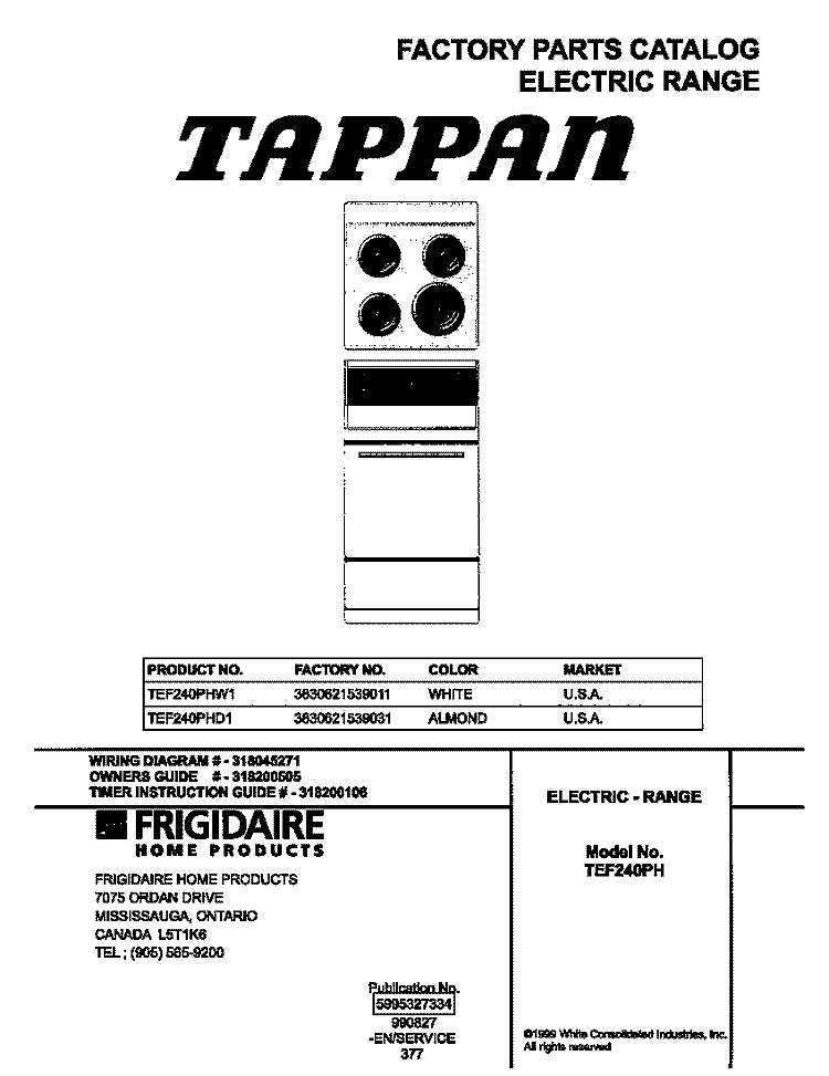 COVER Diagram and Parts List for TEF240PHD1  Tappan Range