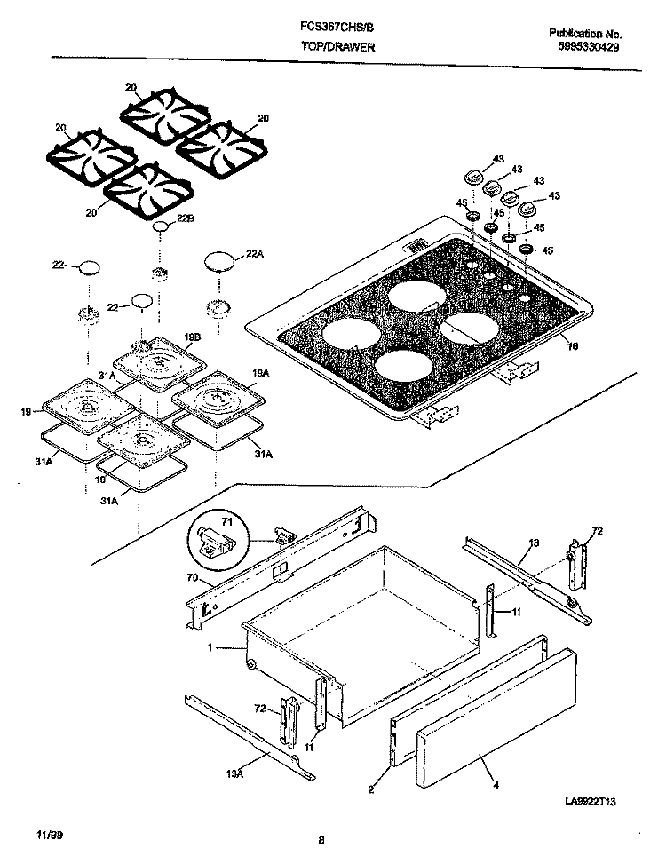 TOP / DRAWER Diagram and Parts List for FCS367CHSC  Frigidaire Range