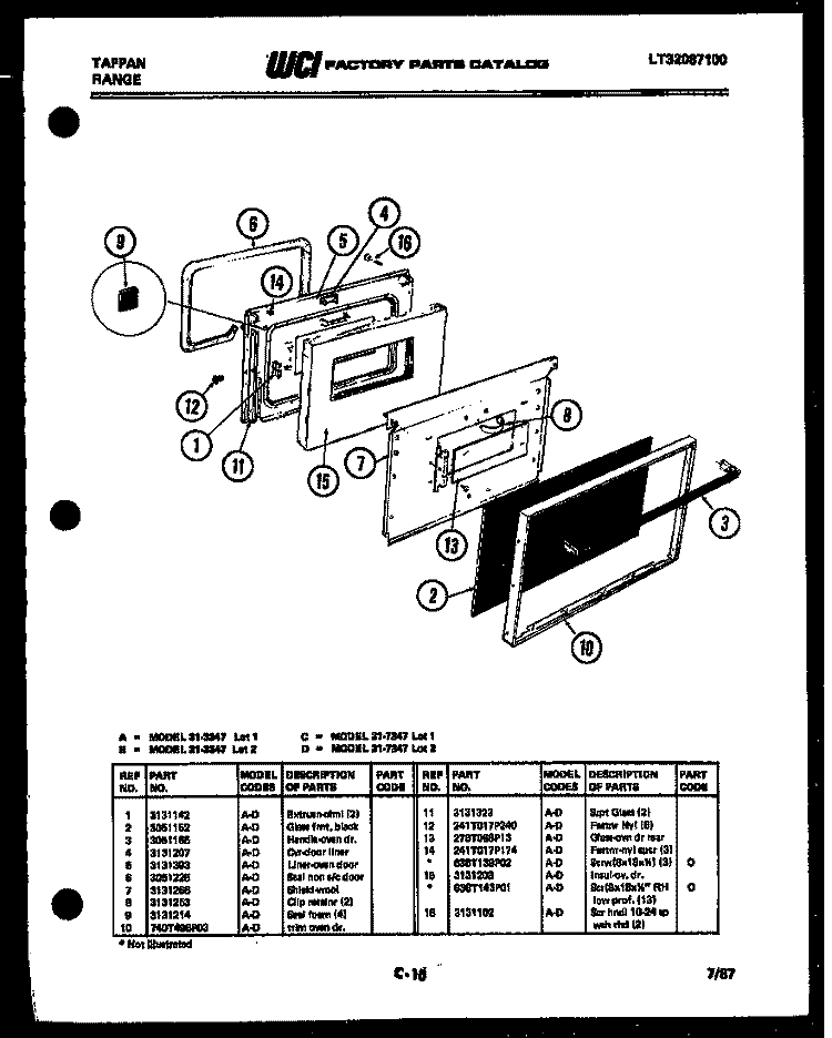 DOOR PARTS Diagram and Parts List for 31-3347-66-01  Tappan Range