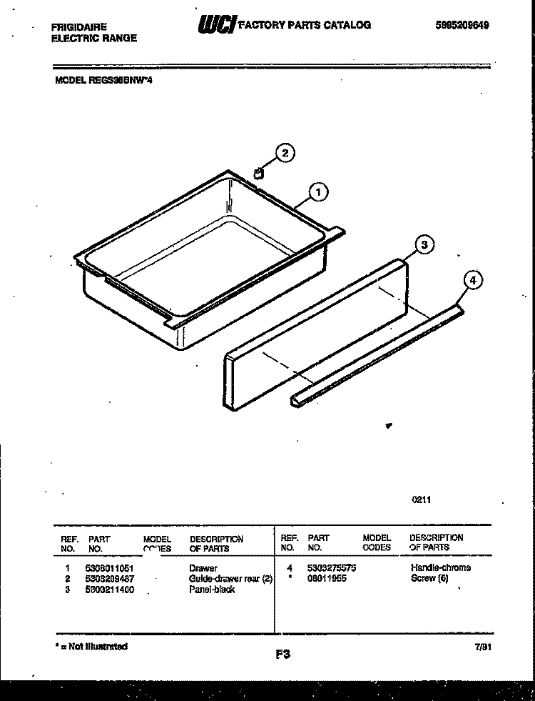 DRAWER PARTS Diagram and Parts List for REGS38BNW4  Frigidaire Range