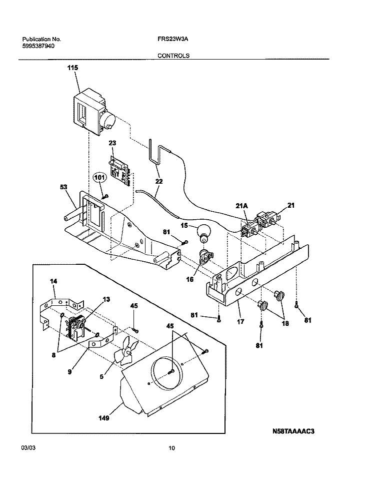 CONTROLS Diagram and Parts List for FRS23W3AW7  Frigidaire Refrigerator