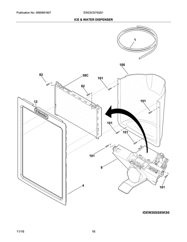 Ice & Water Dispenser Diagram and Parts List for EW23CS75QS1  Electrolux Refrigerator