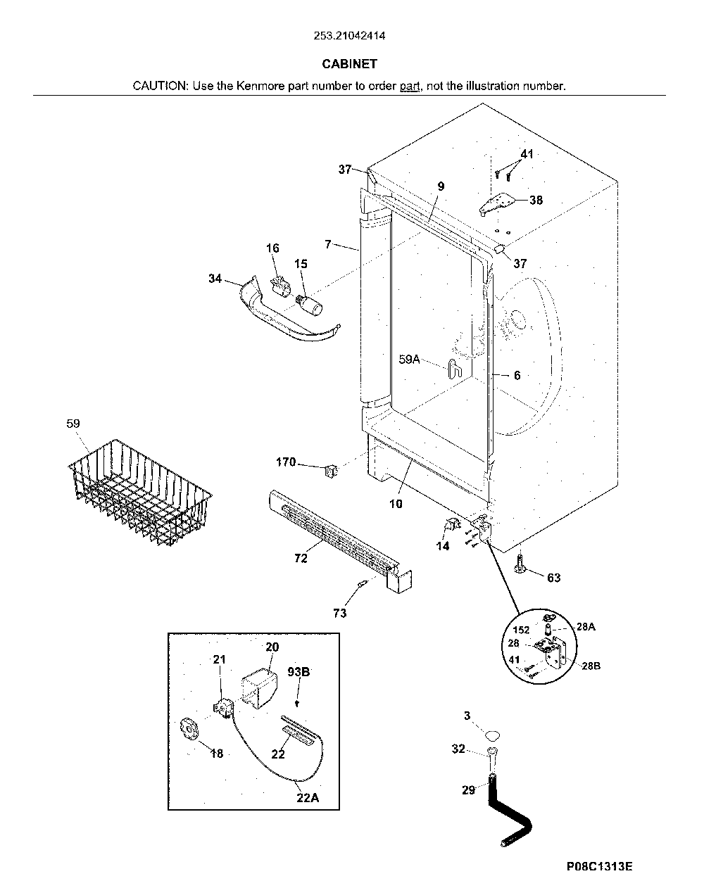 Cabinet Diagram and Parts List for 25321042414  Kenmore Freezer