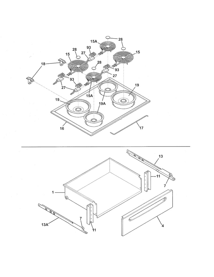 Top/drawer Diagram and Parts List for FFES3015PBA  Frigidaire Range