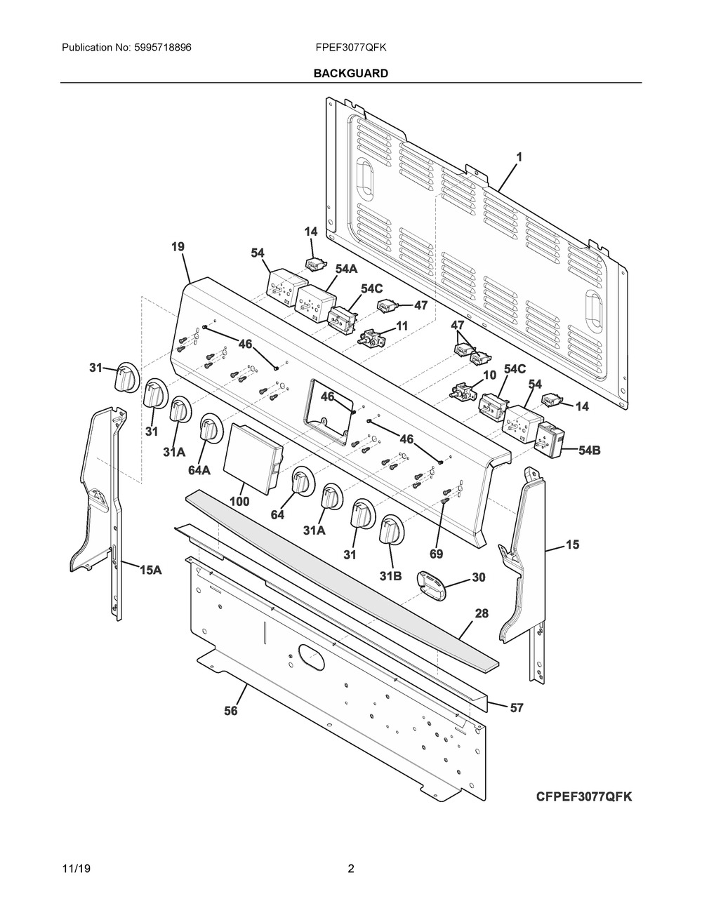 Backguard Diagram and Parts List for FPEF3077QFK  Frigidaire Range