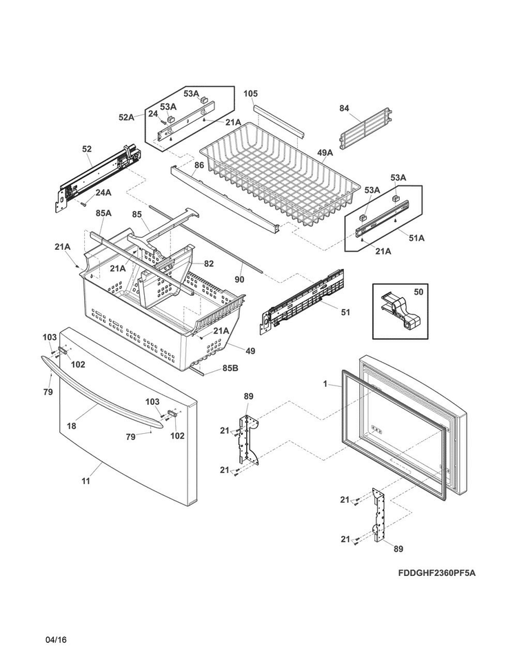 Freezer Drawer, Baskets Diagram and Parts List for FDBC2250SS0  Frigidaire Refrigerator