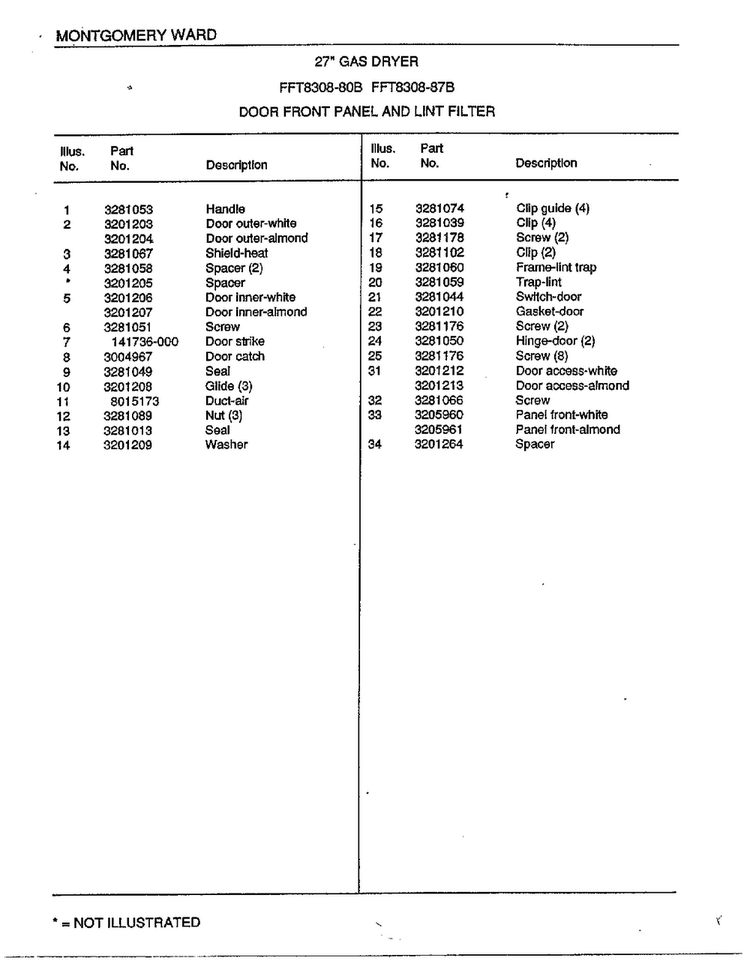 Door Front Panel And Lint Filter Page 2 Diagram and Parts List for 8308-80B  Frigidaire Dryer