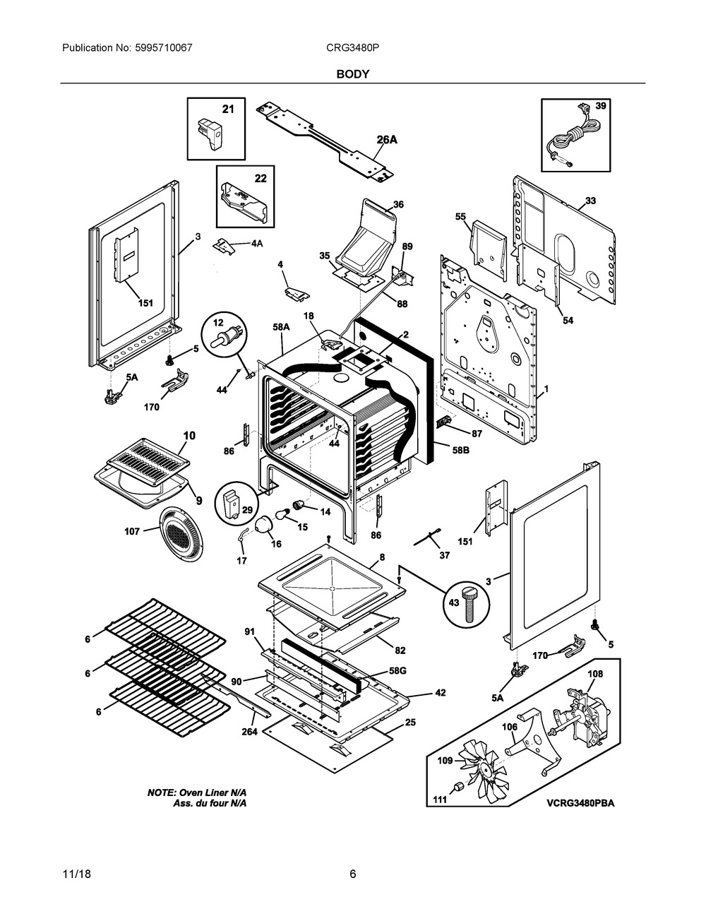 Body Diagram and Parts List for CRG3480PWD  Frigidaire Range