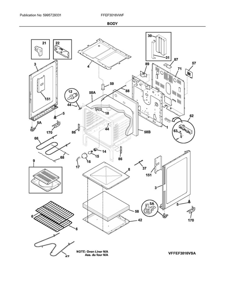 Body Diagram and Parts List for FFEF3016VWF  Frigidaire Range