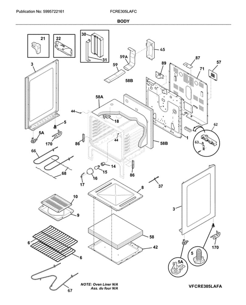 Body Diagram and Parts List for FCRE305LAFC  Frigidaire Range