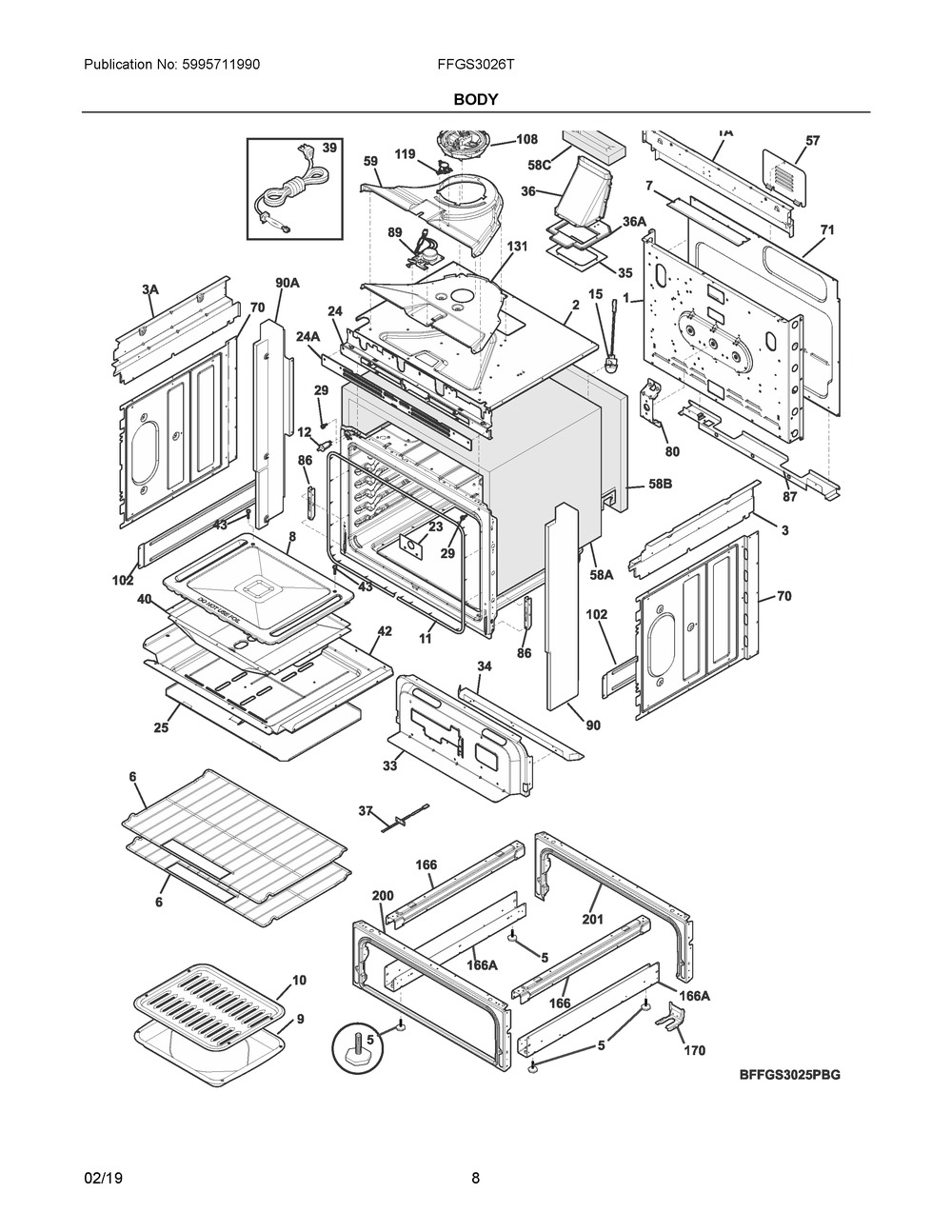 Body Diagram and Parts List for FFGS3026TBA  Frigidaire Range