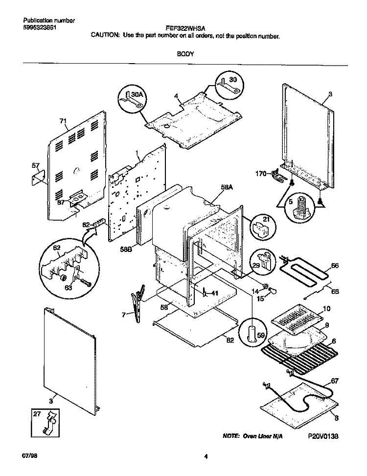 BODY Diagram and Parts List for FEF322WHSA  Frigidaire Range