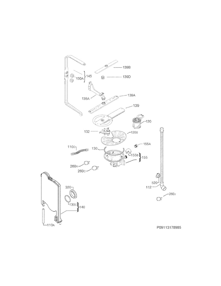Wash System Diagram and Parts List for FGID2474QB0B  Frigidaire Dishwasher