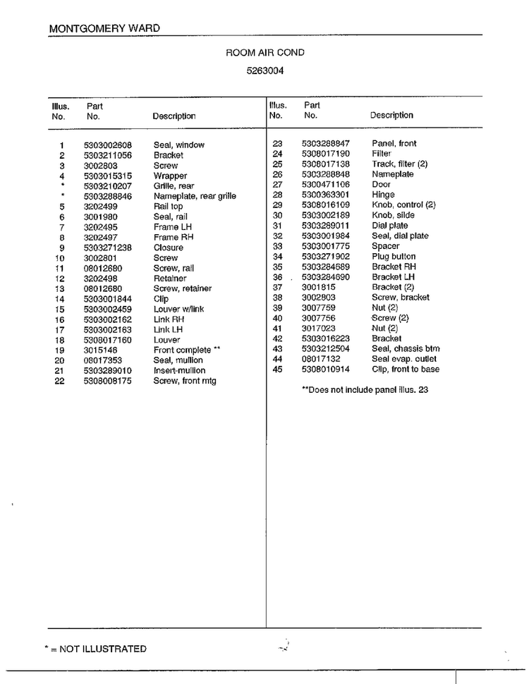 Room Air Conditioner Page 2 Diagram and Parts List for 5263004  Frigidaire Air Conditioner