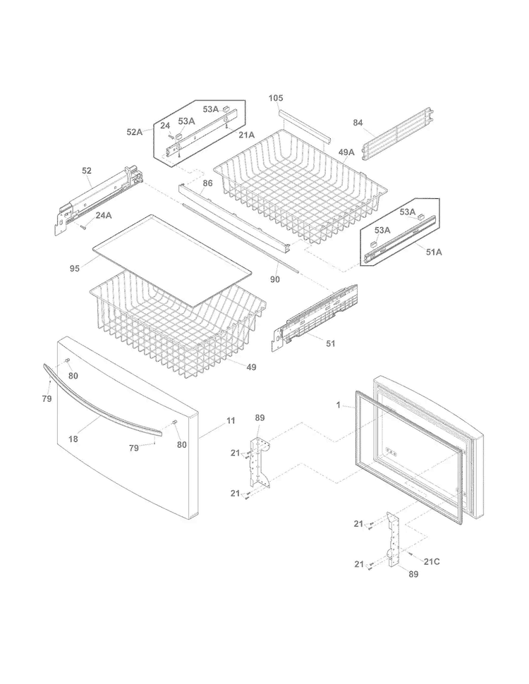 Freezer Drawer, Baskets Diagram and Parts List for 25370312212  Kenmore Refrigerator