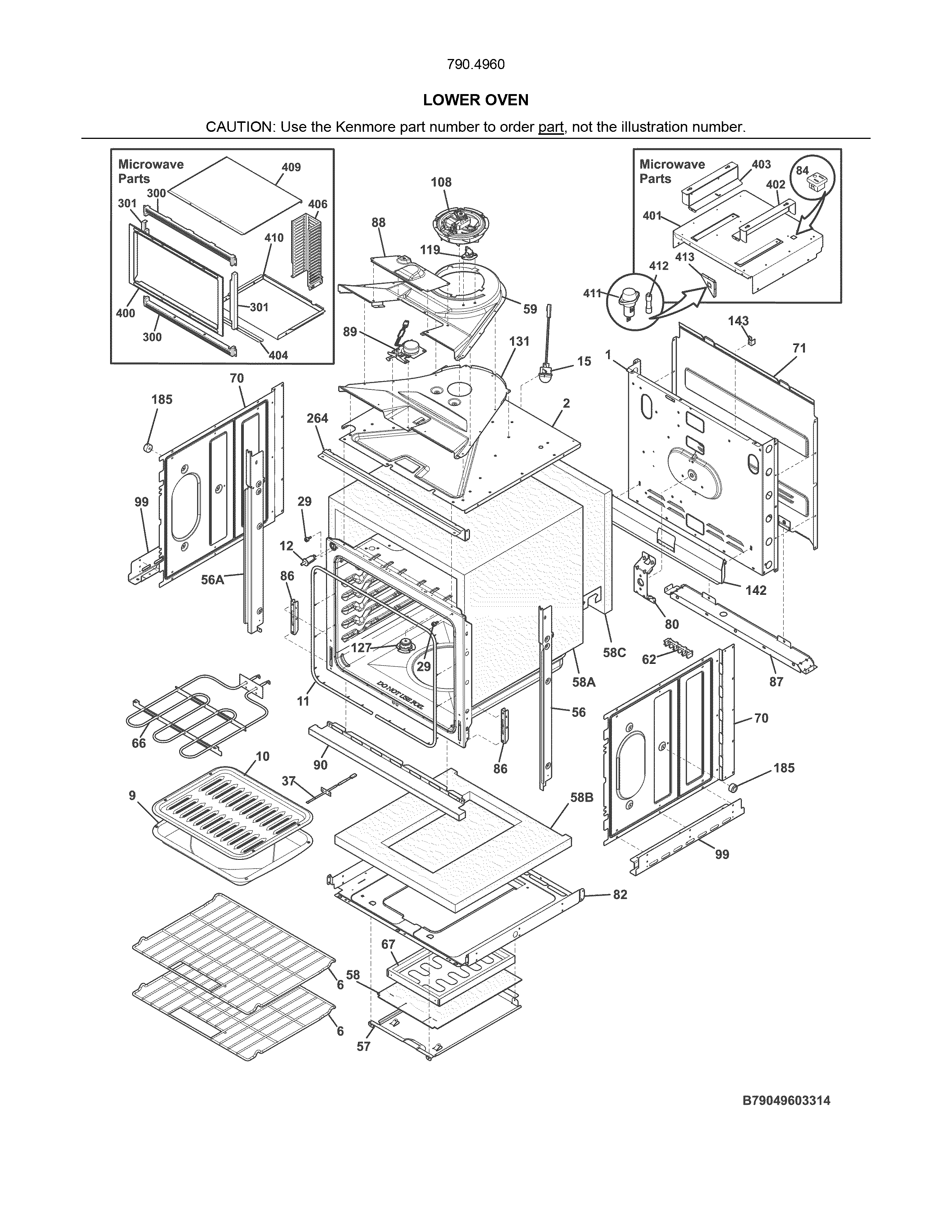 Lower Oven Diagram and Parts List for 79049609314  Kenmore Microwave