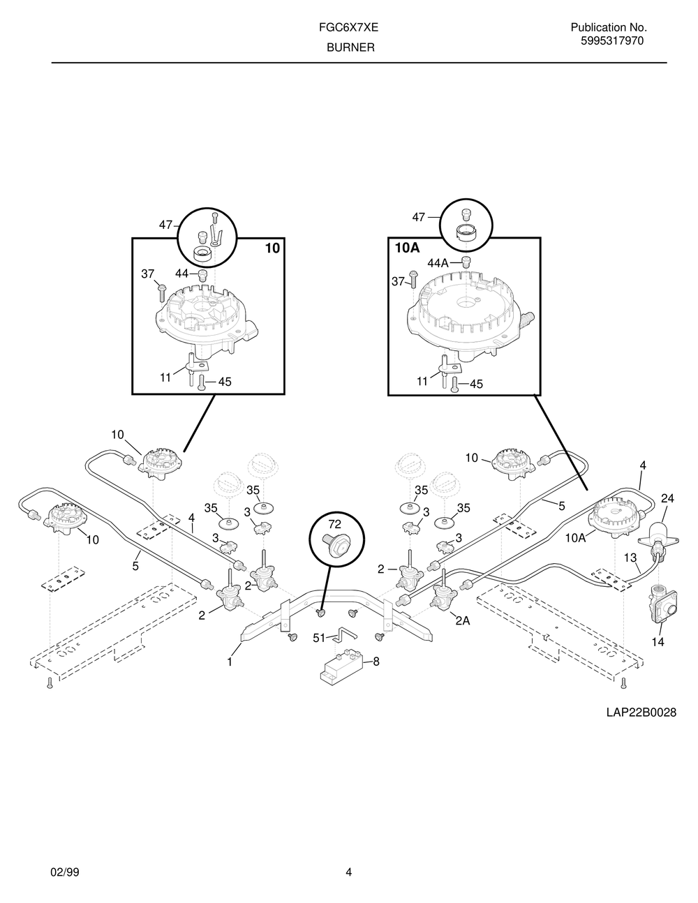 Burner Diagram and Parts List for FGC6X7XEB4  Frigidaire Cooktop