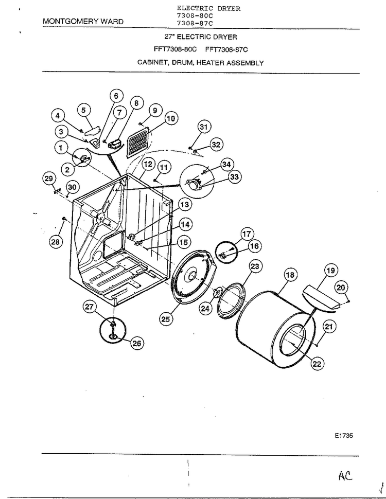 Cabinet, Drum, Heater Assembly Diagram and Parts List for 7308-87C  Frigidaire Dryer