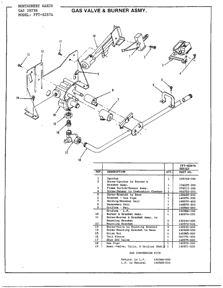 Gas Valve And Burner Diagram and Parts List for 8287A  Frigidaire Dryer