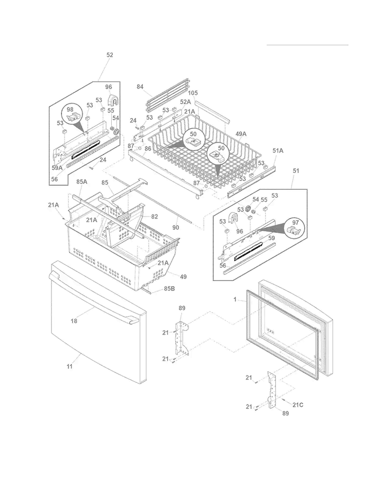 Freezer Drawer - Basket Diagram and Parts List for EI23BC35KW3  Electrolux Refrigerator