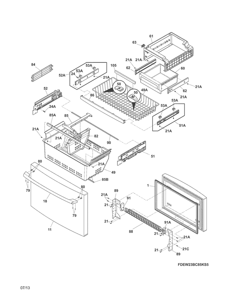 Freezer Drawer, Baskets Diagram and Parts List for EW23BC85KS6  Electrolux Refrigerator