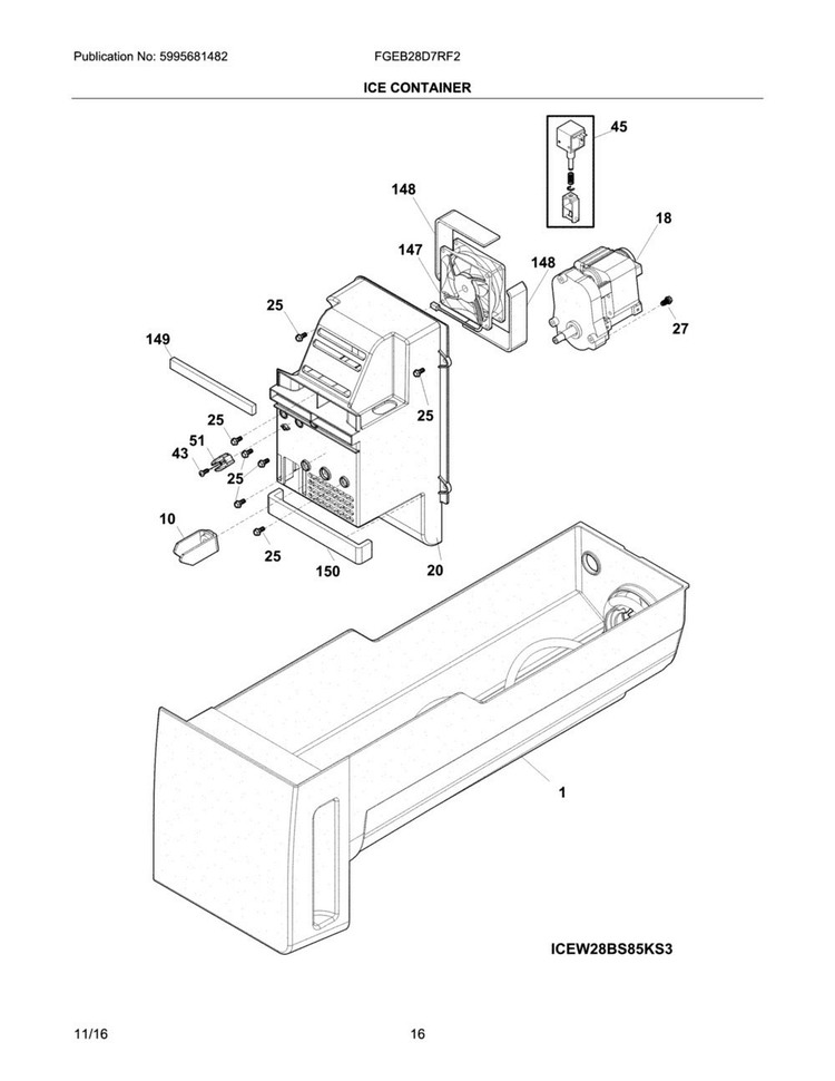 Ice Container Diagram and Parts List for FGEB28D7RF2  Frigidaire Refrigerator