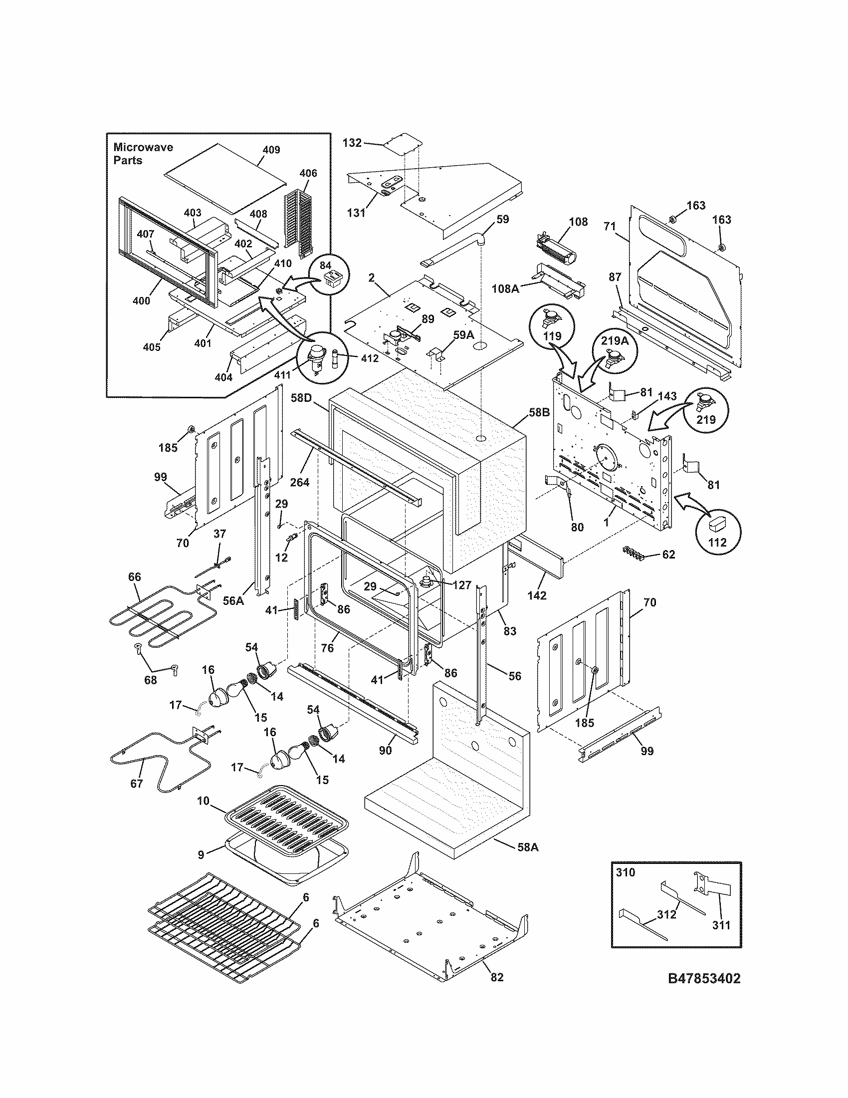 Lower Oven Diagram and Parts List for 79047853402  Kenmore Microwave