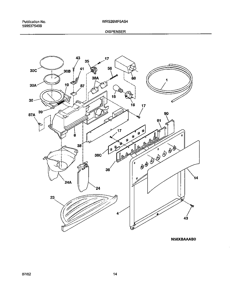 DISPENSER Diagram and Parts List for WRS26MF5AS4  Westinghouse Refrigerator