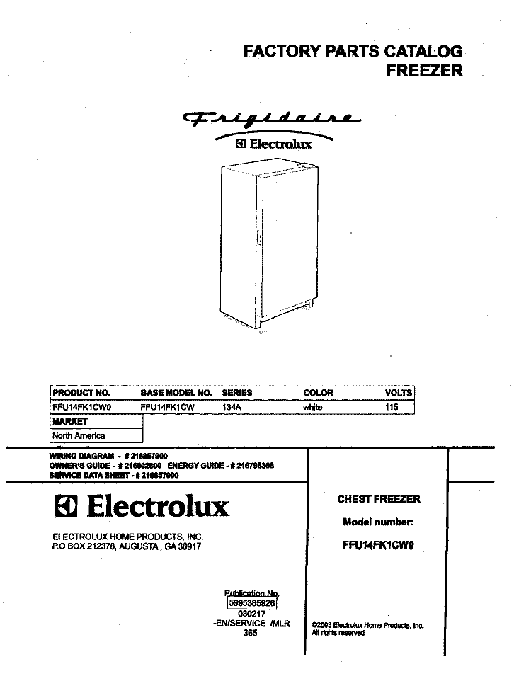 COVER Diagram and Parts List for FFU14FK1CW0  Frigidaire Freezer