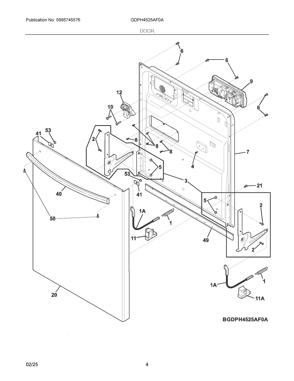 Door Diagram and Parts List for GDPH4525AF0A  Frigidaire Dishwasher