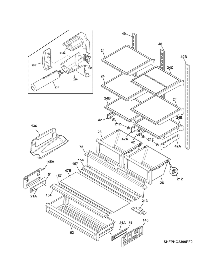 Shelves Diagram and Parts List for FGHG2366PF1A  Frigidaire Refrigerator