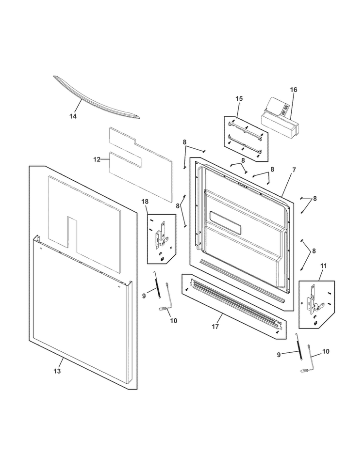 Door Diagram and Parts List for FGHD2472PW0  Frigidaire Dishwasher