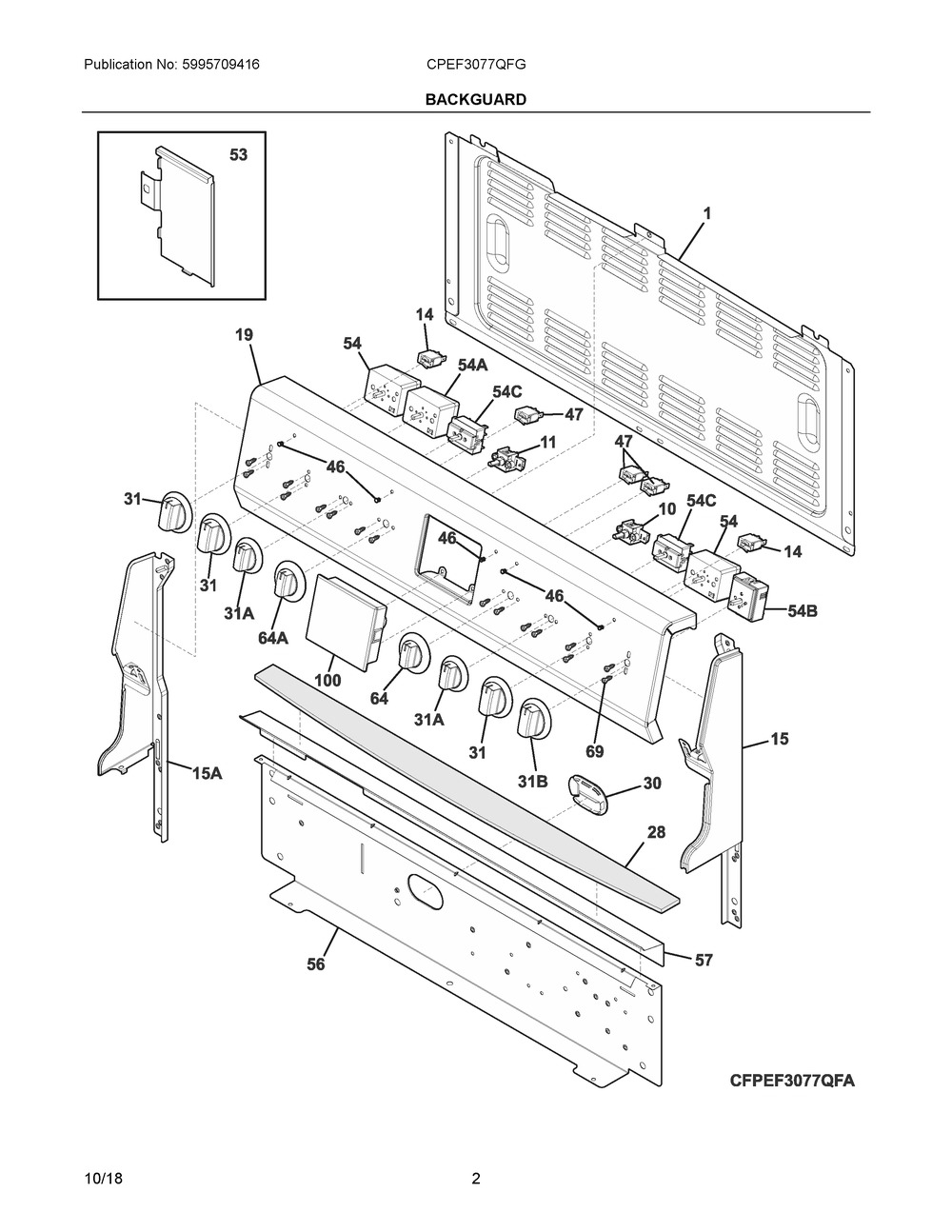 Backguard Diagram and Parts List for CPEF3077QFG  Frigidaire Range