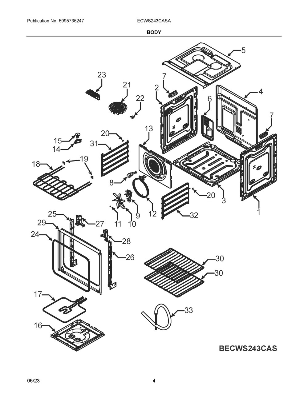 Body Diagram and Parts List for ECWS243CASA  Frigidaire Wall Oven