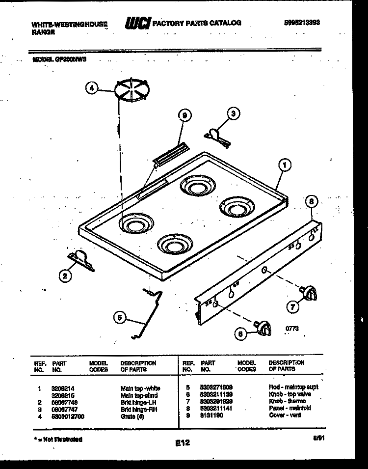 COOKTOP PARTS Diagram and Parts List for GF300NW3  Frigidaire Range