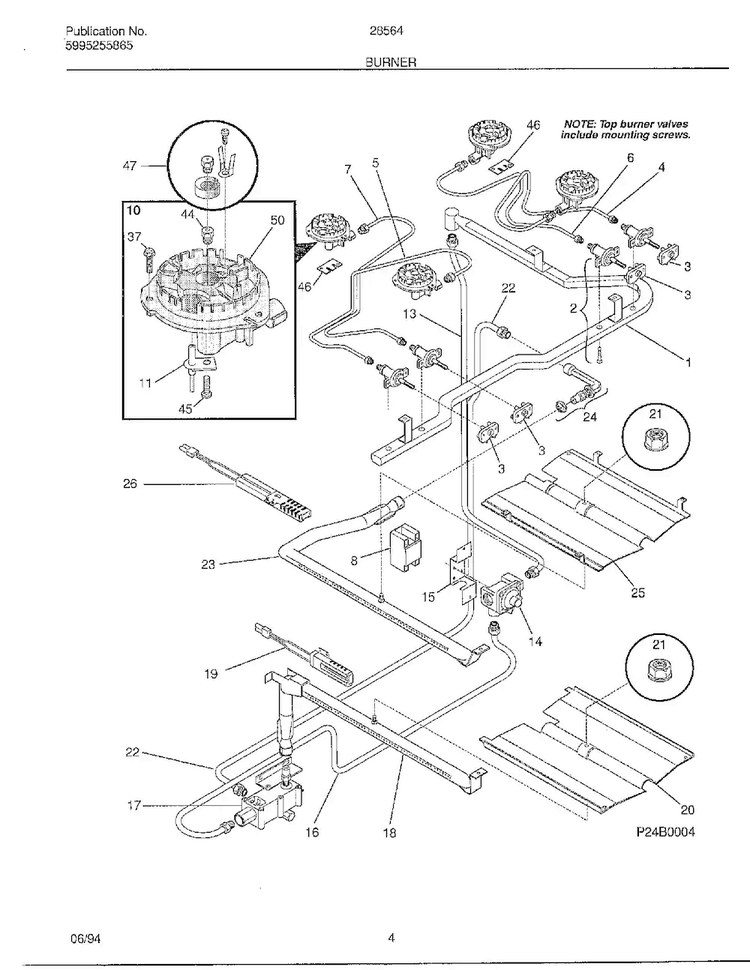 Burner Diagram and Parts List for 285647A  Frigidaire Range