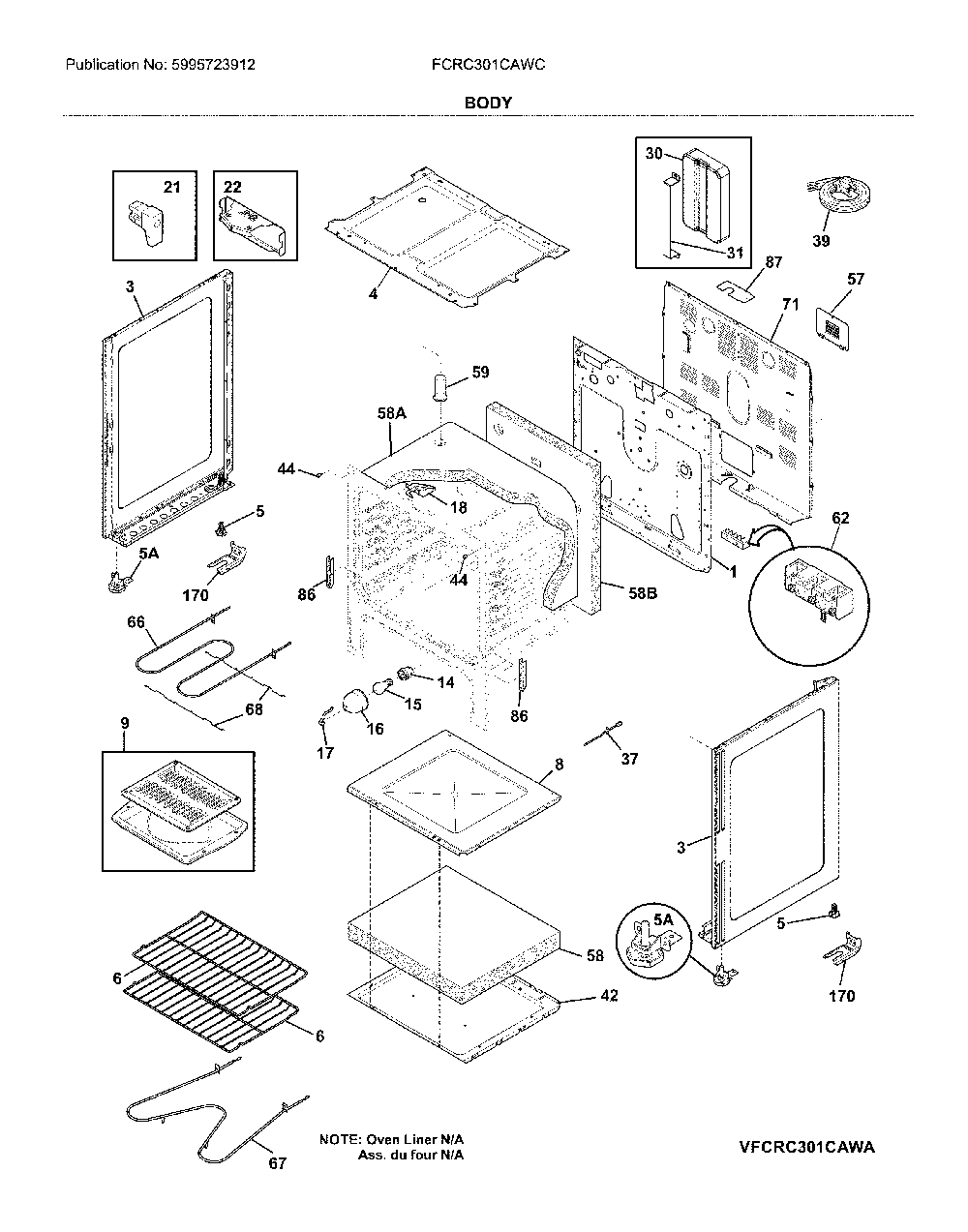 Body Diagram and Parts List for FCRC301CAWC  Frigidaire Range