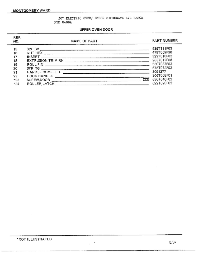 Upper Oven Door Page 2 Diagram and Parts List for 8488A  Frigidaire Range