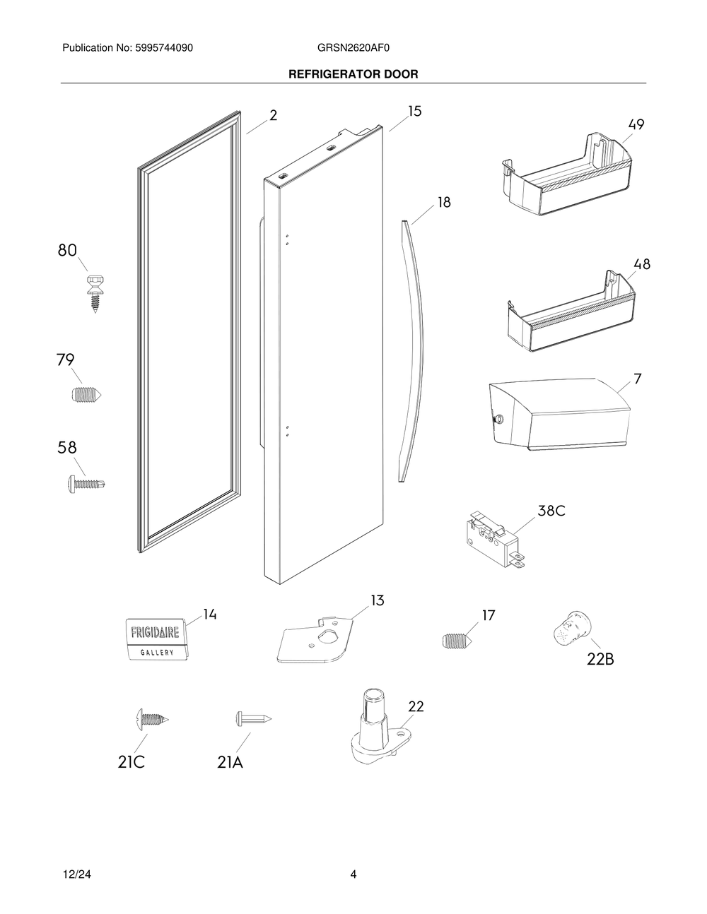 Refrigerator Door Diagram and Parts List for GRSN2620AF0  Frigidaire Refrigerator