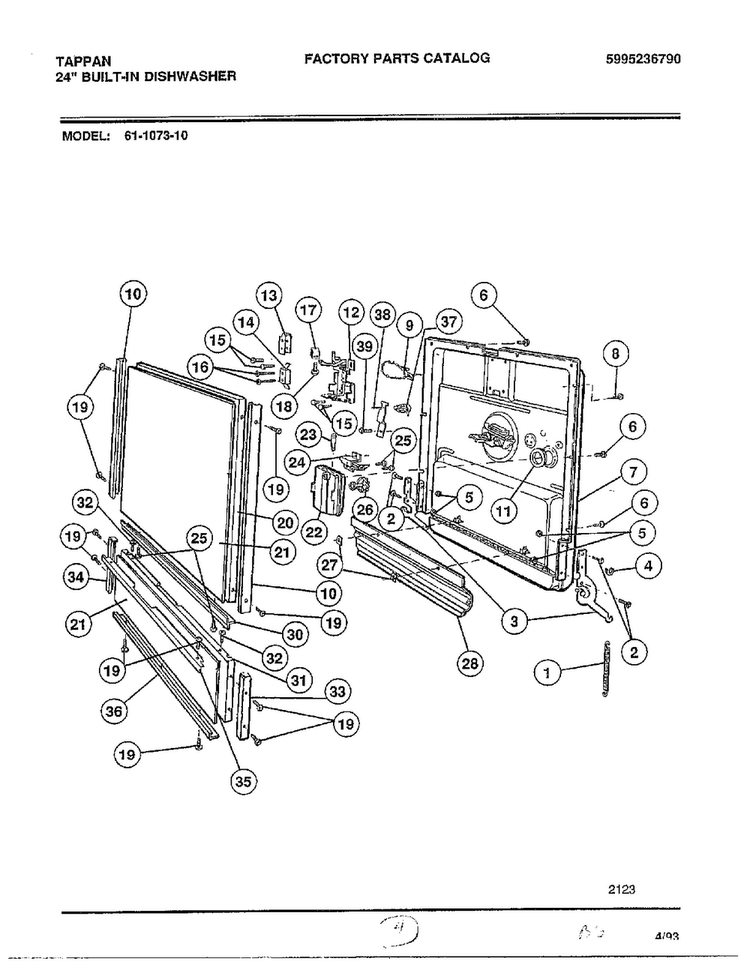 Front Panel Diagram and Parts List for 61-1073-10  Frigidaire Dishwasher