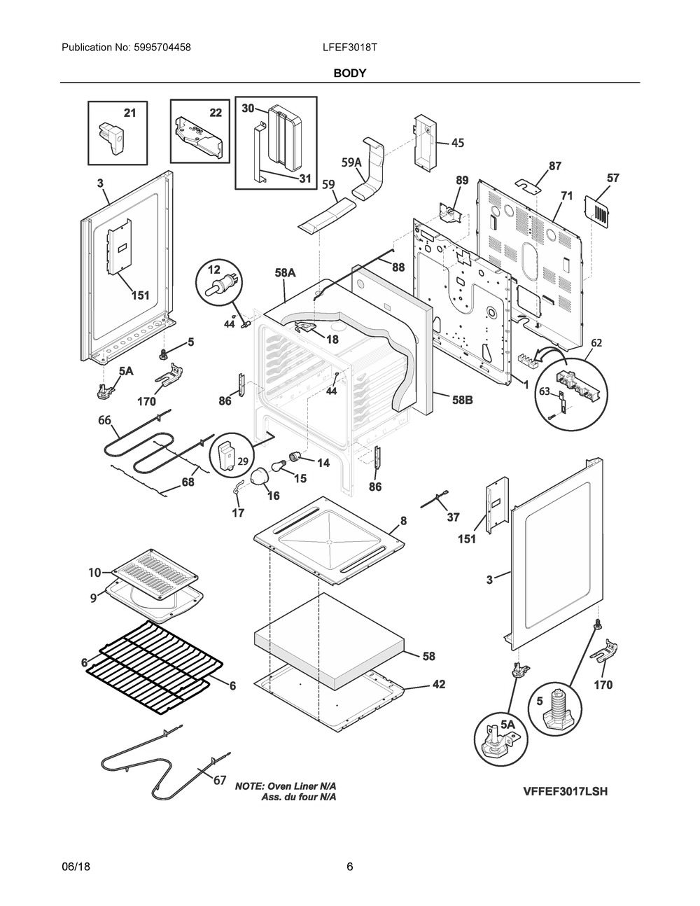 Body Diagram and Parts List for LFEF3018TWE  Frigidaire Range