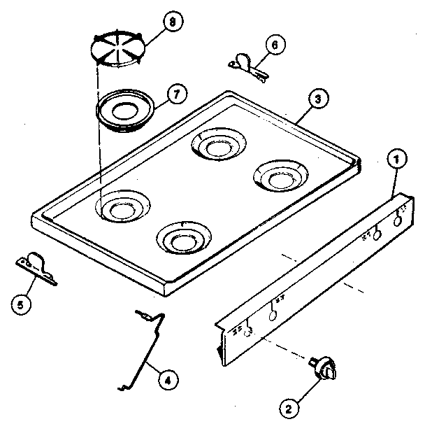 Main Top Section Diagram and Parts List for 30-3858-10 01 Tappan Range