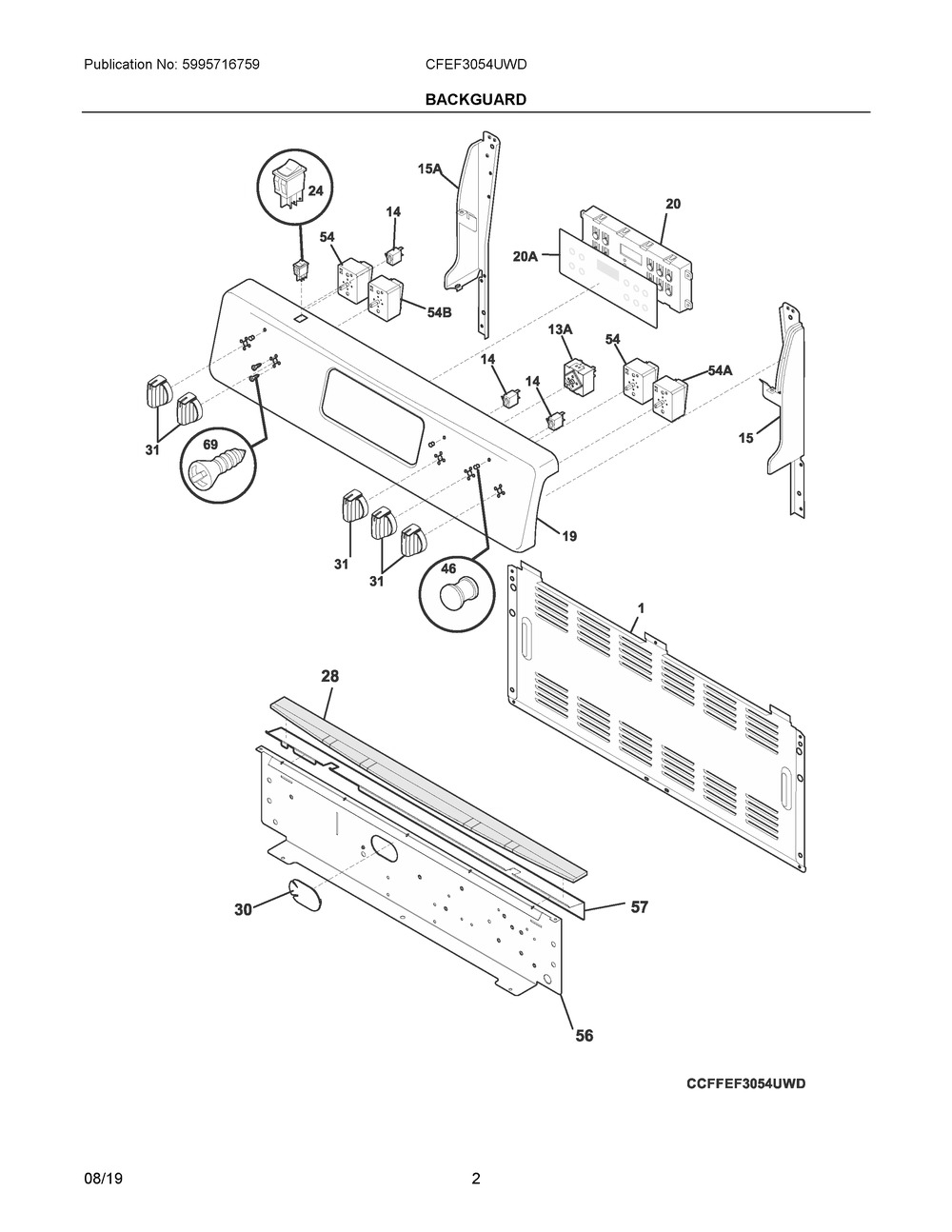 Backguard Diagram and Parts List for CFEF3054UWD  Frigidaire Range