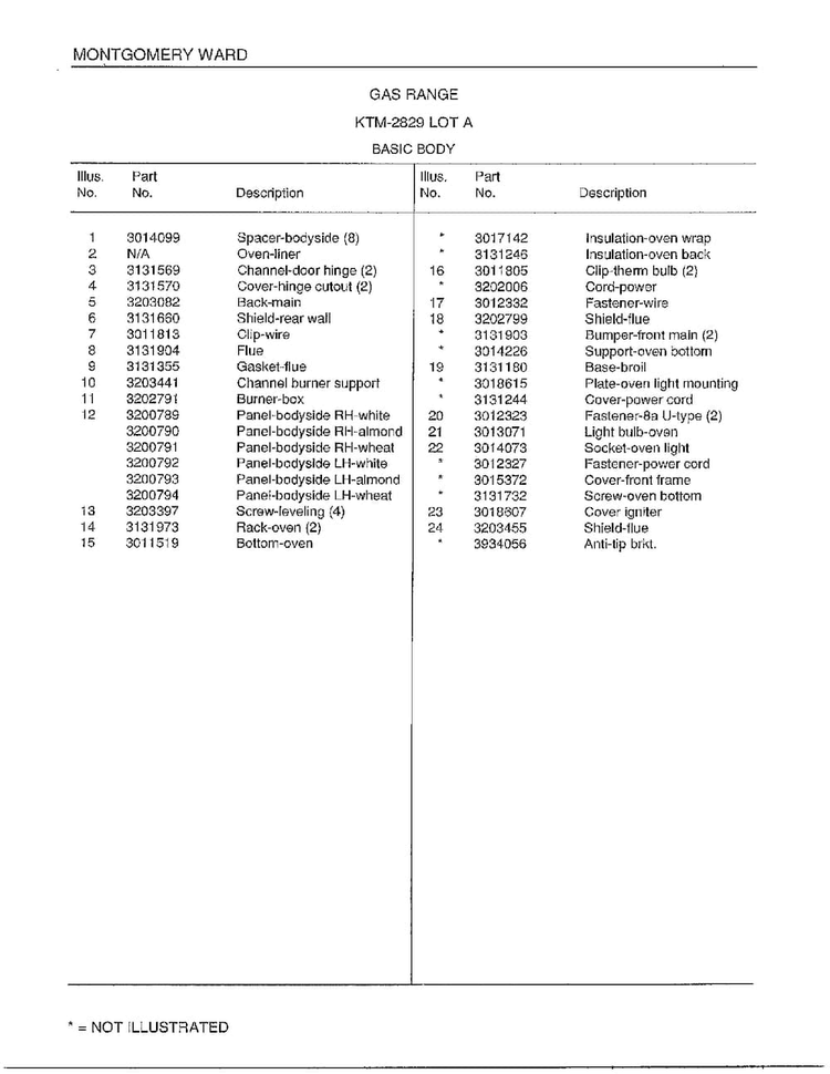 Gas Range/ Basic Body Page 2 Diagram and Parts List for 2829A  Frigidaire Range